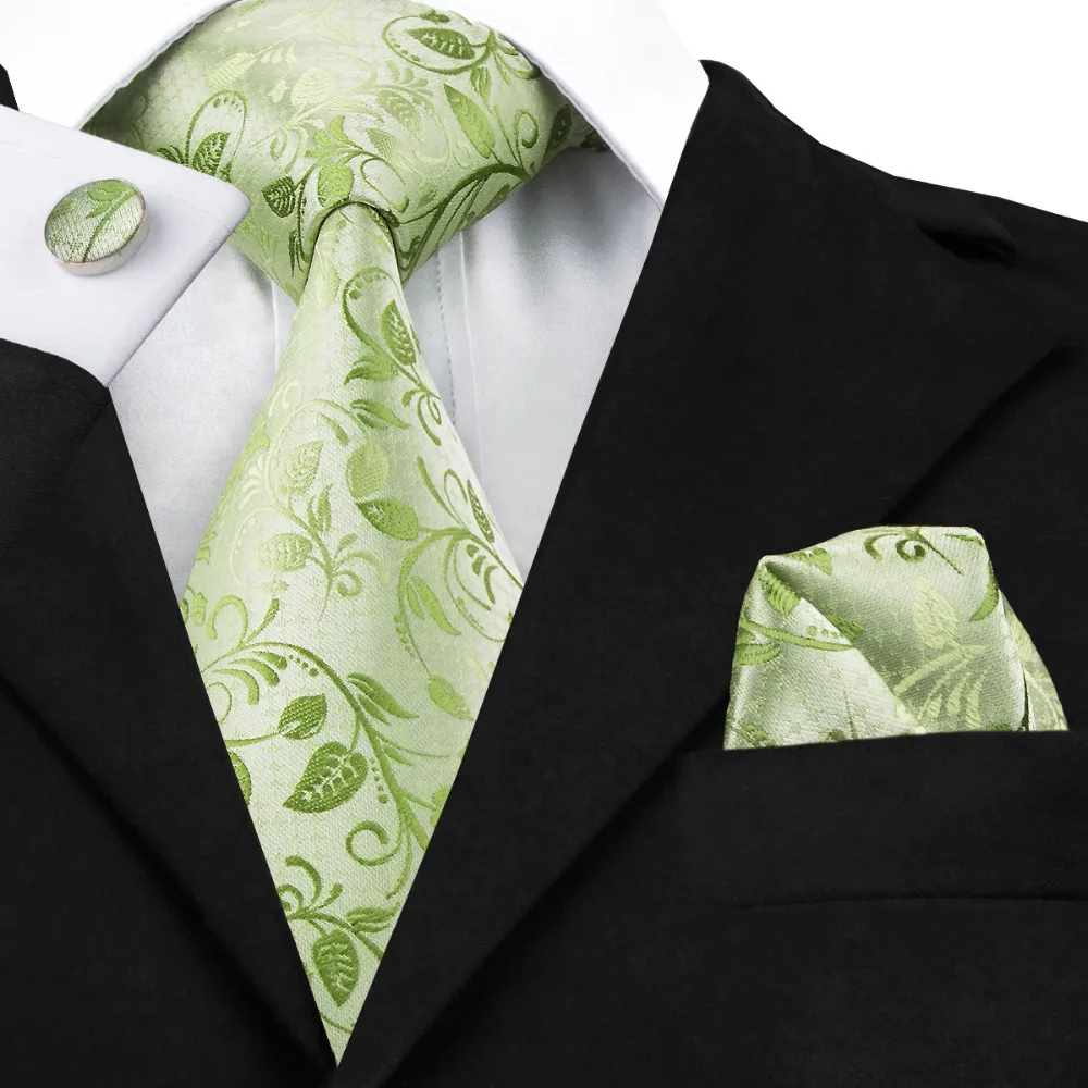 

SN-1162 Green Floral Tie Hanky Cufflinks Sets Men's 100% Silk Ties for men Formal Wedding Party Gentlemen Necktie Ties Set