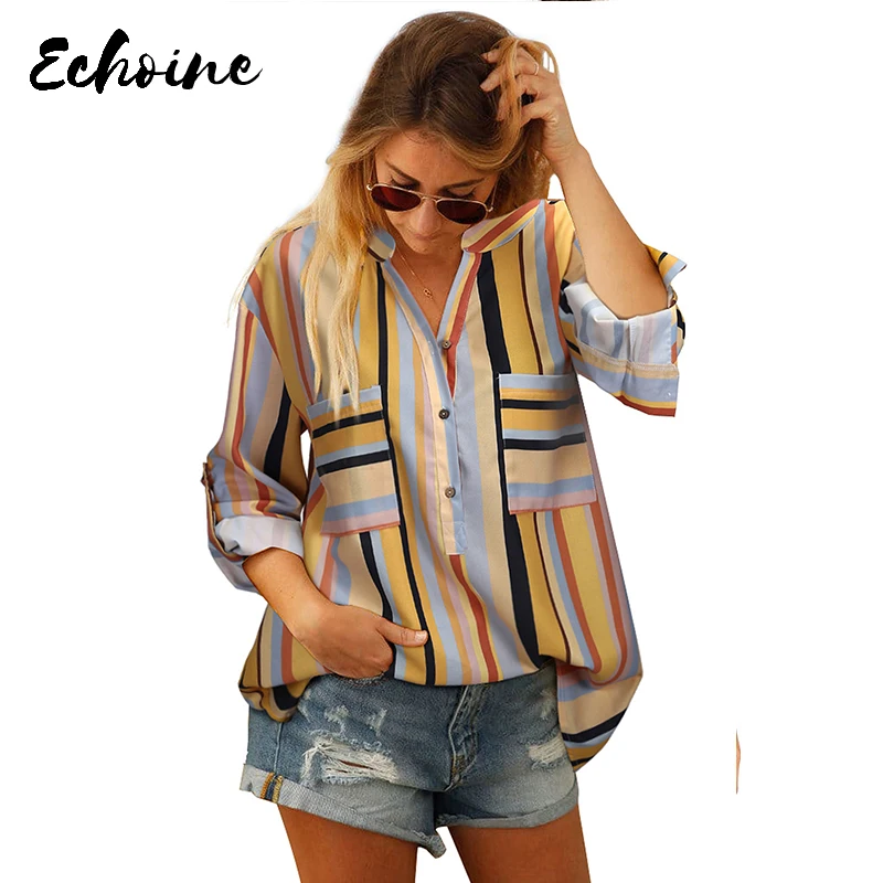 

Echoine Blue/Yellow Stripes Printed Dyed Loose Blouse Women Autumn Spring New Fashion Long Sleeve Buttons Up with Pockets Tops