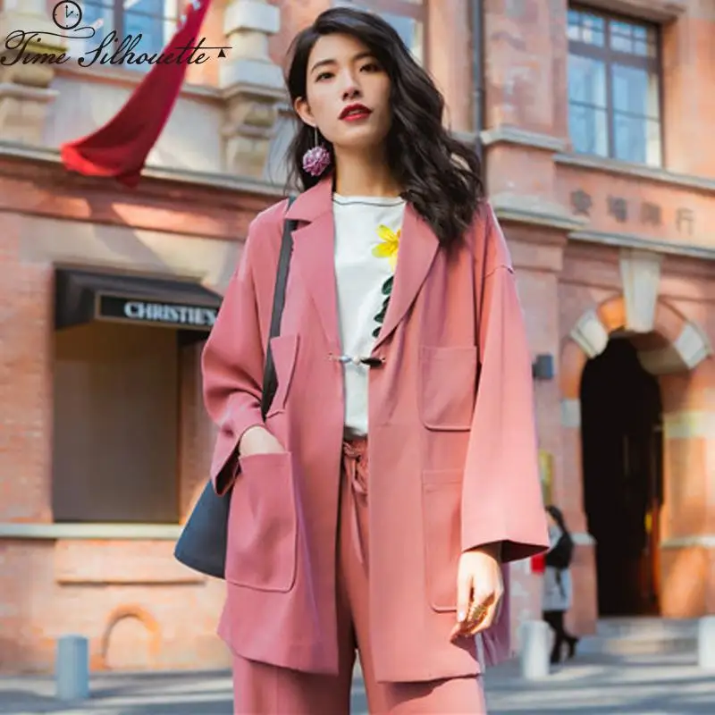 

2pcs Set Women Office Ol Blazer Set 2018 Spring Autumn Business Wear Formal Pink Blazer Pants Suit Loose Slim Work Suit L889