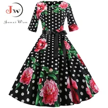 2018 Mulheres Do Vintage Vestidos de Impressão Meia Manga Vestido Floral Retro Inverno Dot robe femme Vestidos Elegante da Festa Vestido de Túnica Ocasional
