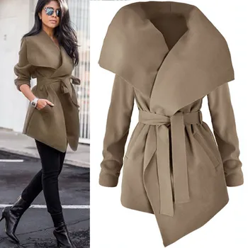 

Autumn Women Lapel Belt Trench Coat Lace Up Woolen Long Coat Outerwear