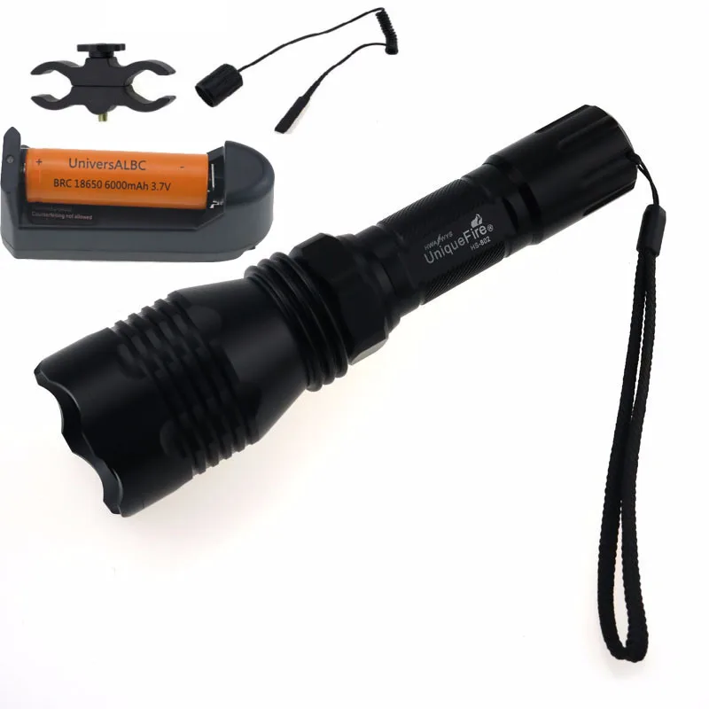 

UniqueFire HS-802 Cree XM-L2 2000 lumens led hunting flashlight torch + 18650 battery + charger + remote switch + gun mount
