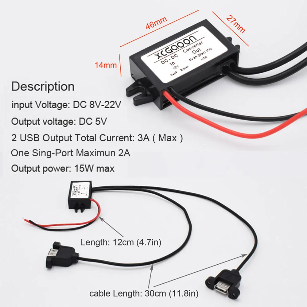 XCGaoon двойной 2 USB DC-DC автомобильный преобразователь модуль кабель с монтажным отверстием вход DC 12 В к USB выход 5 в 3A 15 Вт адаптер питания