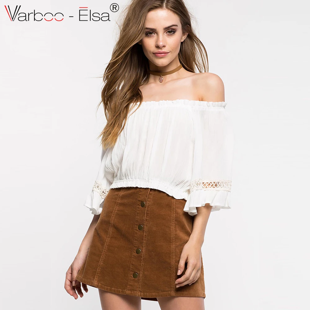 VARBOO_ELSA new 2017 summer bohemian white crop top women off shoulder