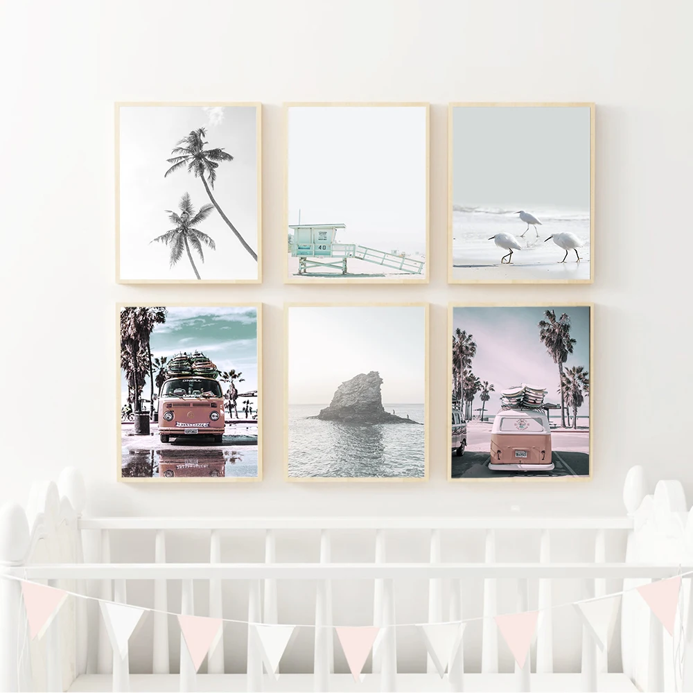 

Pink Bus Canvas Art Posters and Prints Palm Painting Seascape Wall Picture for Living Room Lifeguard Modern Home Decoration