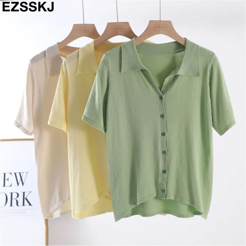 

NEW summer casual knit blouse shirt Women short sleeve square collar Basic loose female elegant shirt solid oversize top