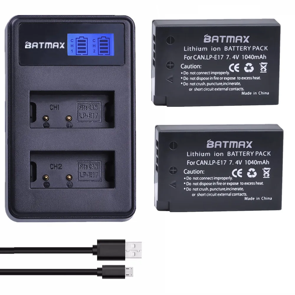 Аккумулятор Batmax 2PCS LP E17 LPE17 + зарядное устройство с двумя USB и ЖК дисплеем для Canon EOS