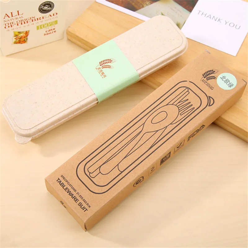 

1Set Portable Wheat Straw Tableware Chopsticks Spoon Fork 3 Pieces with Box Adults Work Children Outdoor Travel Picnic Supplies