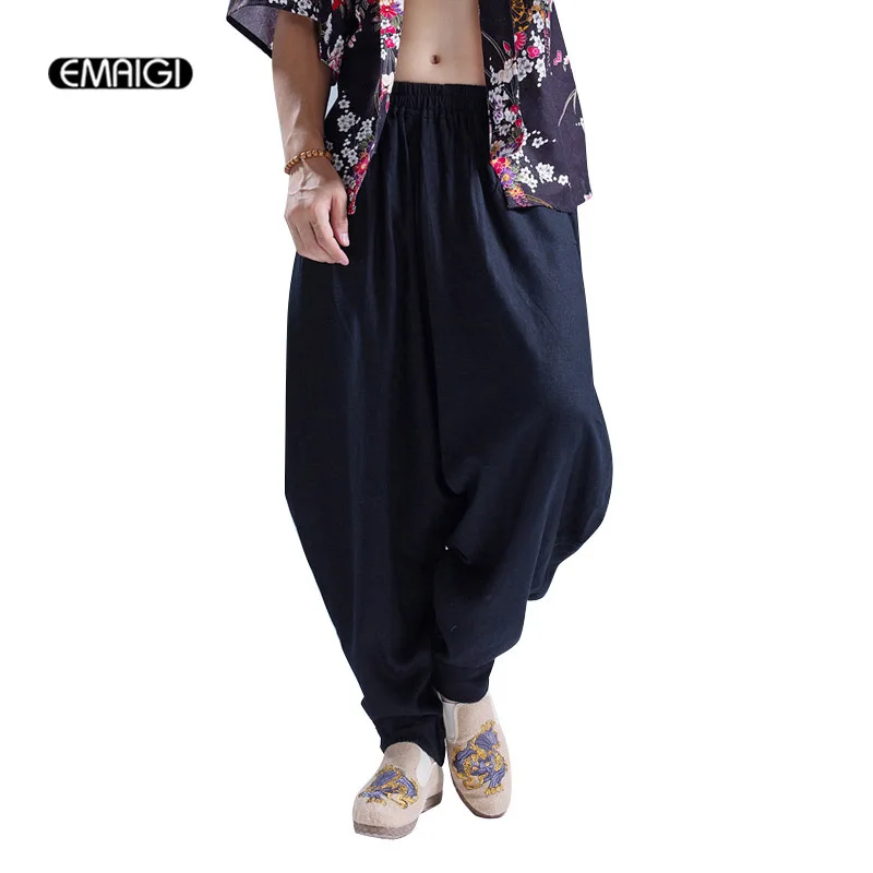 Black Red High Quality Linen Men Women Casual Pant Low Crotch Loose Harem Pants Male Elastic Waist Wide Leg Trousers