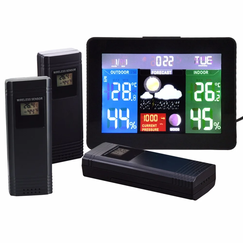 

3 Wireless Sensors Weather Station Barometer RH% Temperature Moon Phase 5 weather Forecast Color Display Radio Controlled Clock