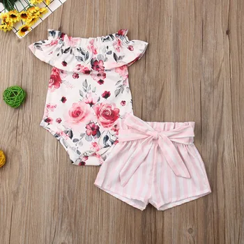 

2Pcs Newborn Baby Girls Off-Shoulder Romper Bow Shorts Pants Sunsuit Outfits