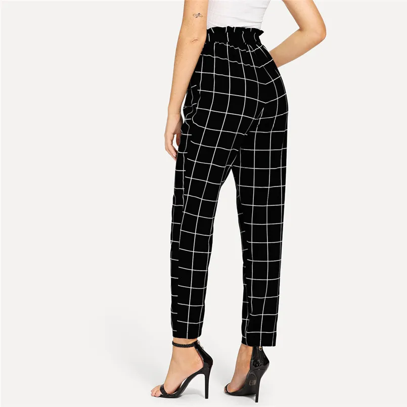 Casual Plaid Pants Women Elastic Waist Pants Women High Waist Bandage Trousers Pencil Pants Calca Feminina Wholesales #F#40SR707