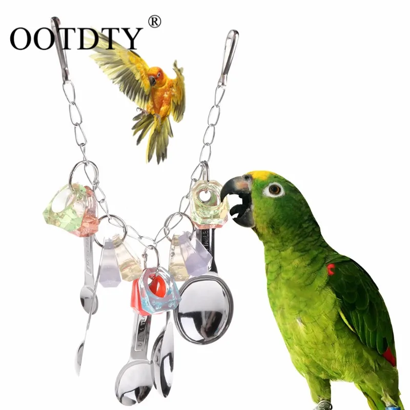 

OOTDTY Parrot Toys Metal Spoon Colorful Rings Hanging Cage Pet Birds Chew Chain Acrylic