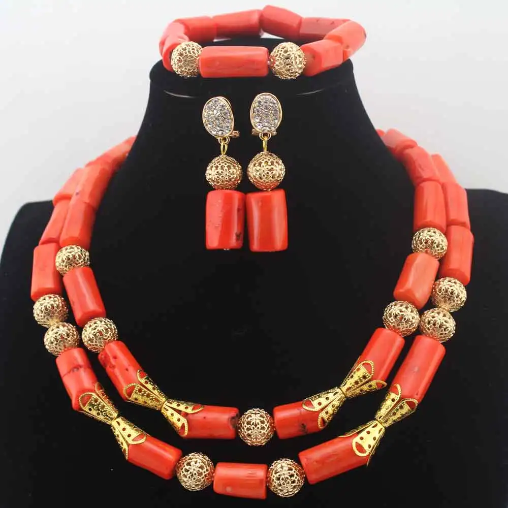 Африканское оранжевое украшение с коралловыми бусинами набор сережек нигерийский Свадебный индийский свадебный костюм ожерелье набор L1127 - Окраска металла: P