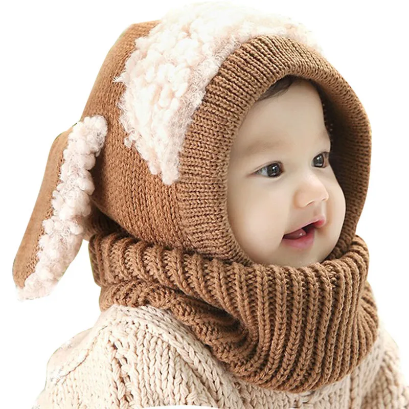 Детская зимняя шапка с шарфом для малышей, теплые зимние лыжные шапочки, шапка, шарф с капюшоном, вязаная шапка, милая детская шапка, шарф, комплект - Цвет: Coffee