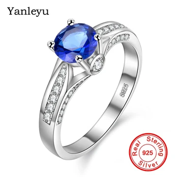 

Yanleyu Luxury Wedding Rings for Women 100% Solid 925 Sterling Silver 6mm Blue Cubic Zircon Engagement Ring Jewelry Gift PR118