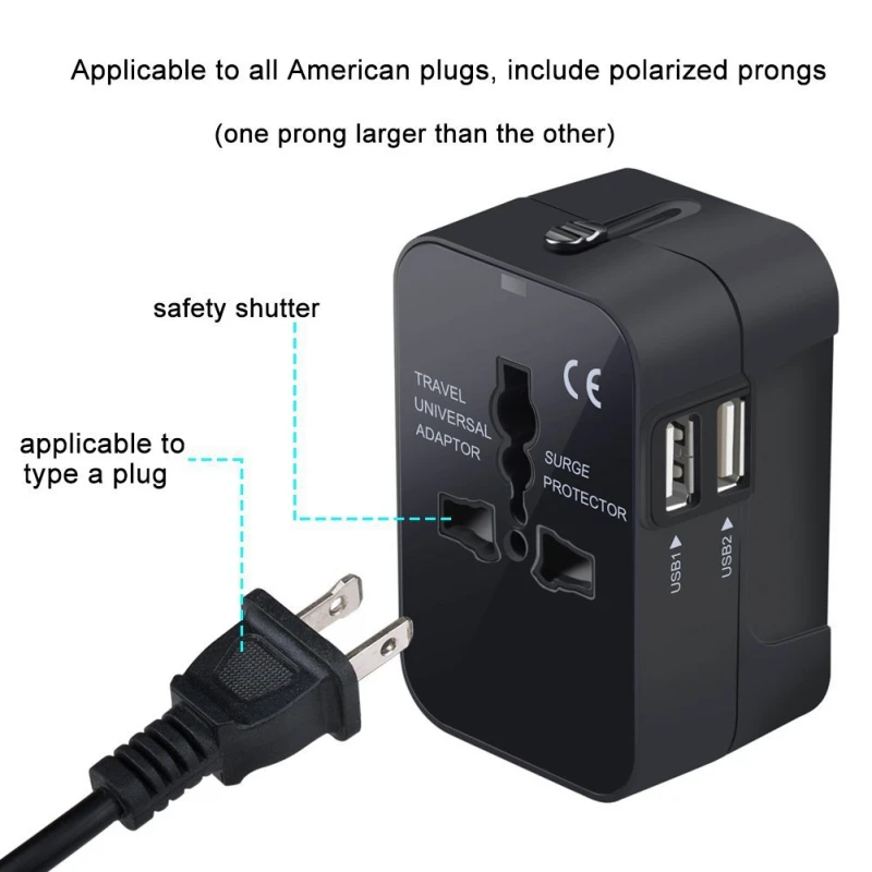 Универсальный международный переходник 2 USB Порты и разъёмы World Travel AC Мощность Зарядное устройство адаптер вилку