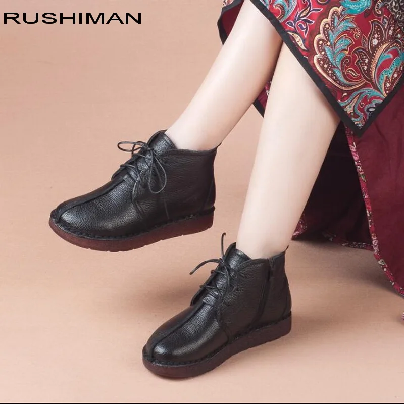 

2018 winter plus velvet warm Genuine Leather Ankle Boots Flat Boots Vintage Casual Shoes Brand Design Retro Handmade Women Boots