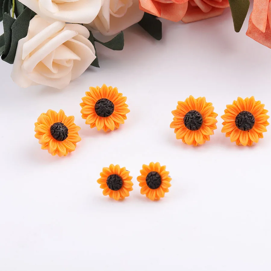 

New Orange Sunflower Earrings Stainless Steel Stud 15mm 18mm 25mm Resin Cabochon Earrings for Women Jewelry Gift