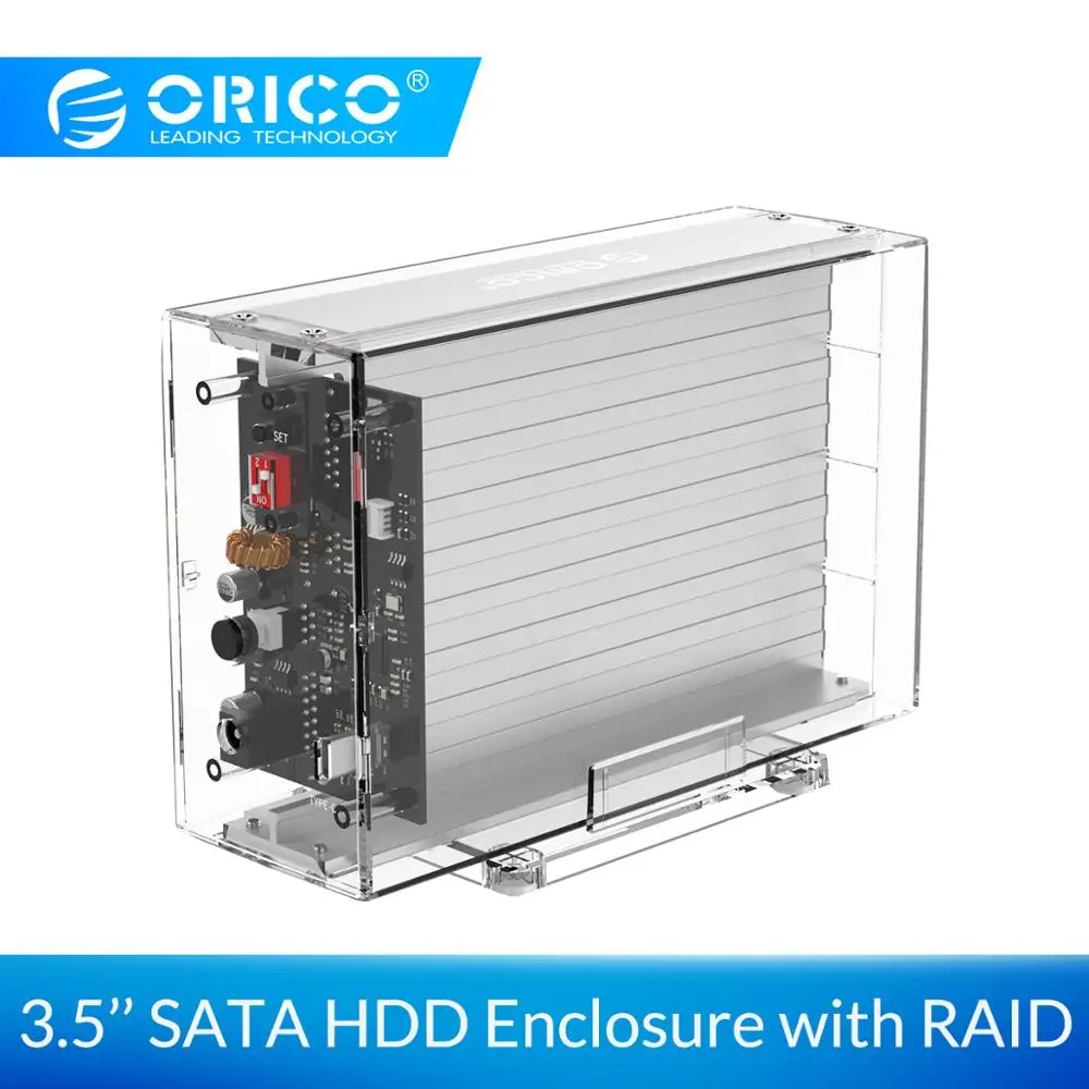  Carcasa de disco duro doble ORICO de 35 pulgadas con RAID 0 1 PM SPAN transparente SATA HDD con 24T