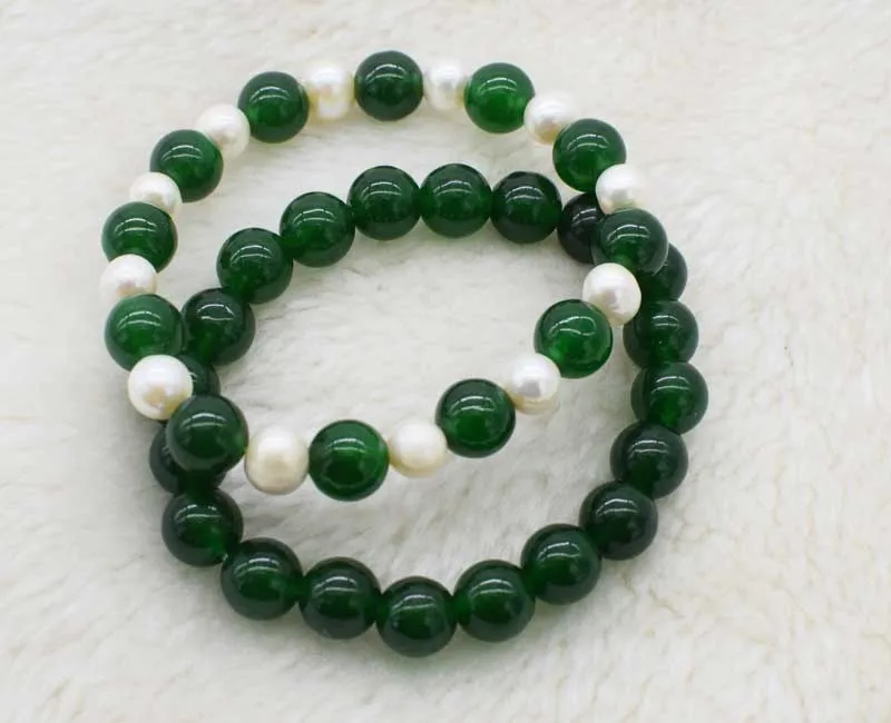 

freshwater pearl /green jade near round 10mm bracelet 7.5inch wholesale beads nature