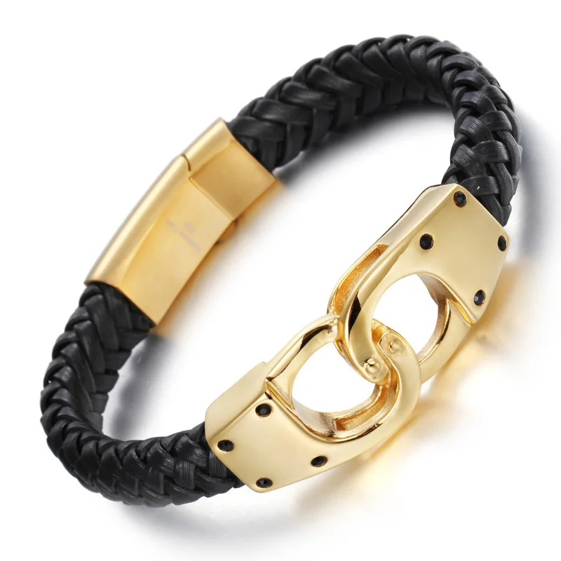 Kalen, итальянский, золотой цвет, кожаные браслеты для мужчин, модные, нержавеющая сталь, 22 см, дешевые, плетеные, кожаные браслеты, бижутерия - Окраска металла: KB68863-BD-22cm