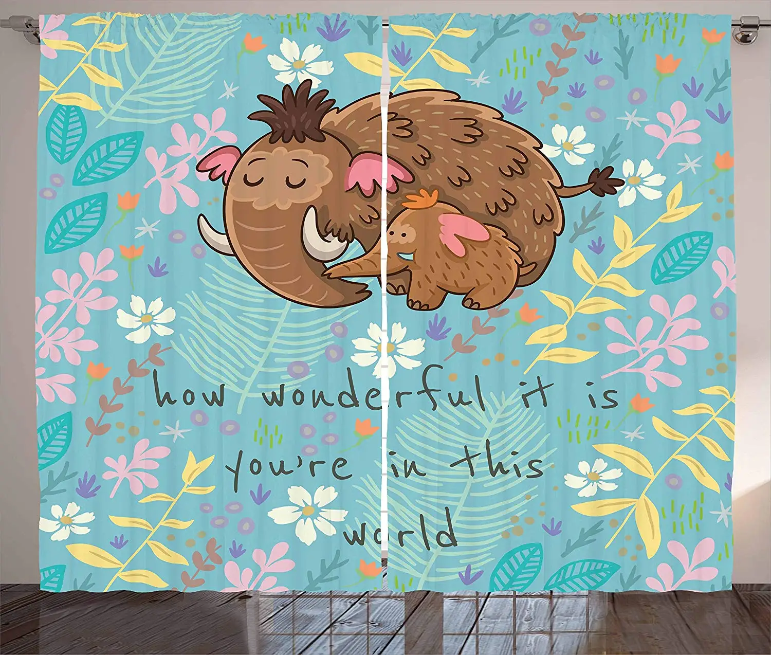 

Quote Curtains Parent and Baby Elephant on a Floral Background with a Loving Mother's Day Slogan Living Room Window Drapes
