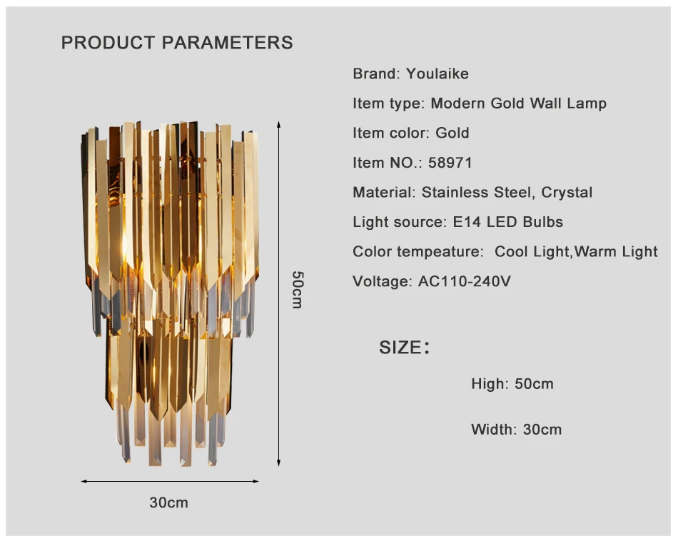 Youlaike двухслойный светодиодный настенный светильник с кристаллами, роскошное позолоченное настенное бра из нержавеющей стали, освещение AC90-260V, домашняя хрустальная лампа