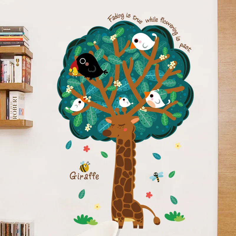 

Creative giraffe tree green plant wall sticker home living room entrance abstract painting bird self-adhesive mural vinyl decals
