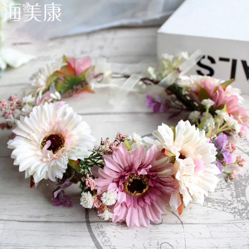 Haimeikang Flower Crown Wedding Bohemian Wreath Hairband Party Floral Girl Hair Accessories Flower Headband Garland Headpiece