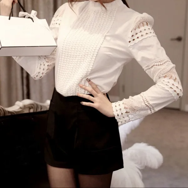 Модная элегантная женская рубашка, вязанные крючком тонкие топы, одноцветная вышивка, длинный рукав, официальная белая блузка