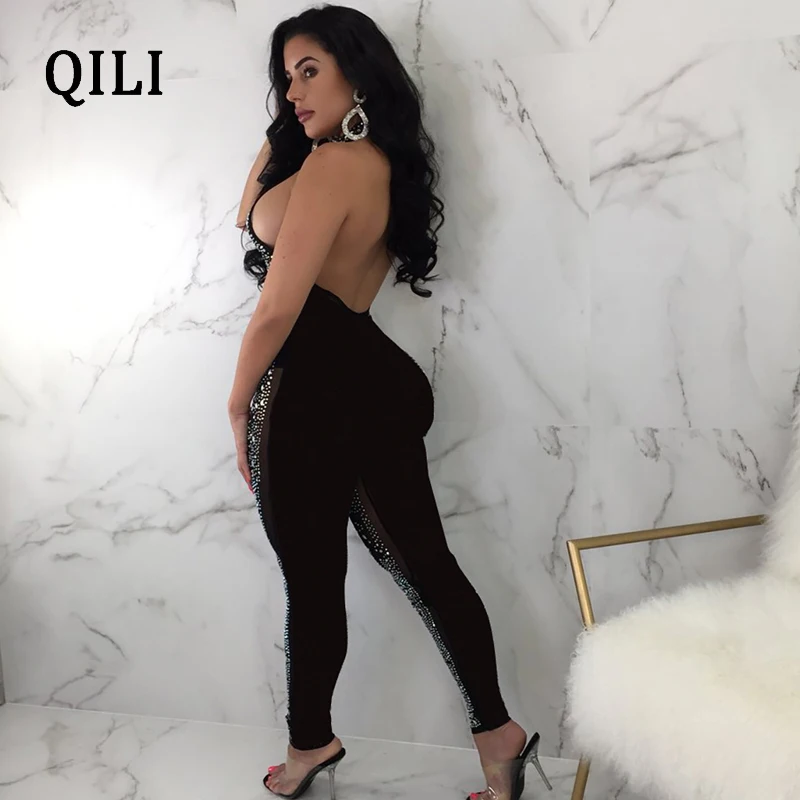 QILI Women Diamond Rhinestone Mesh Jumpsuits Tee Through Halter Sleeveless Backless Sexy Jumpsuit Nightclub Bodycon Jumpsuits