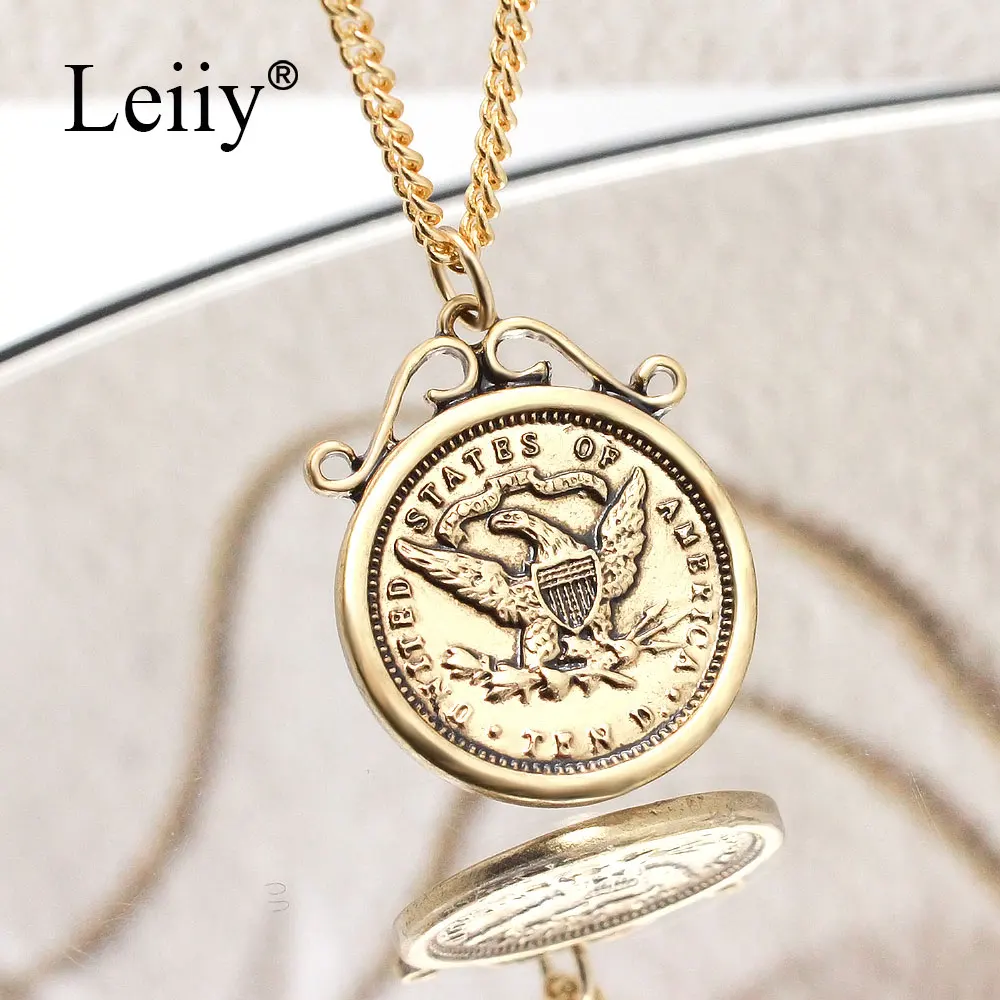 Leiiy Jewellery Gold Цвет металла длинной цепи Винтаж Большая печать кулон Соединенные
