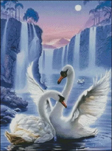 CS-791 cross stitch kit moonlight swan love swans in lake at night.jpg