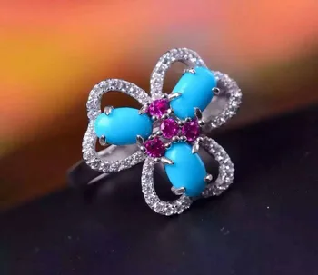 

Natural green turquoise stone Ring Natural gemstone Ring S925 sterling silver trendy elegant Clover for women's party Jewelry