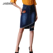 LANBAOSI Вышивка джинсовая юбка для Для женщин кисточкой Джинсы для женщин Юбки для женщин Повседневное Высокая Талия до колена Длина Вышивка Крестом Пакет бедра пастушка женский Faldas