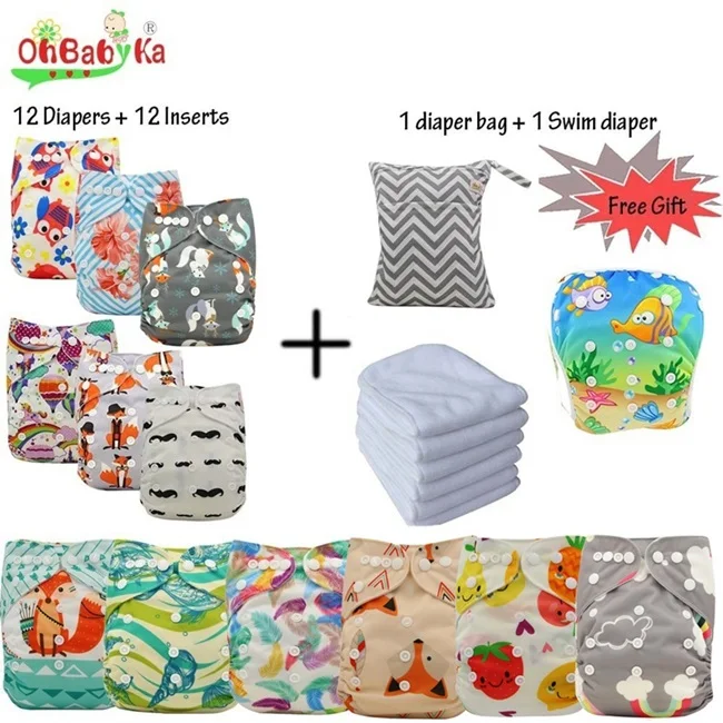 Ohbabyka многоразовые подгузники детские карманные тканевые Подгузники моющиеся подгузники 12 шт+ 12 шт микрофибры вставки+ 1 Бесплатный подгузник сумка - Цвет: 08