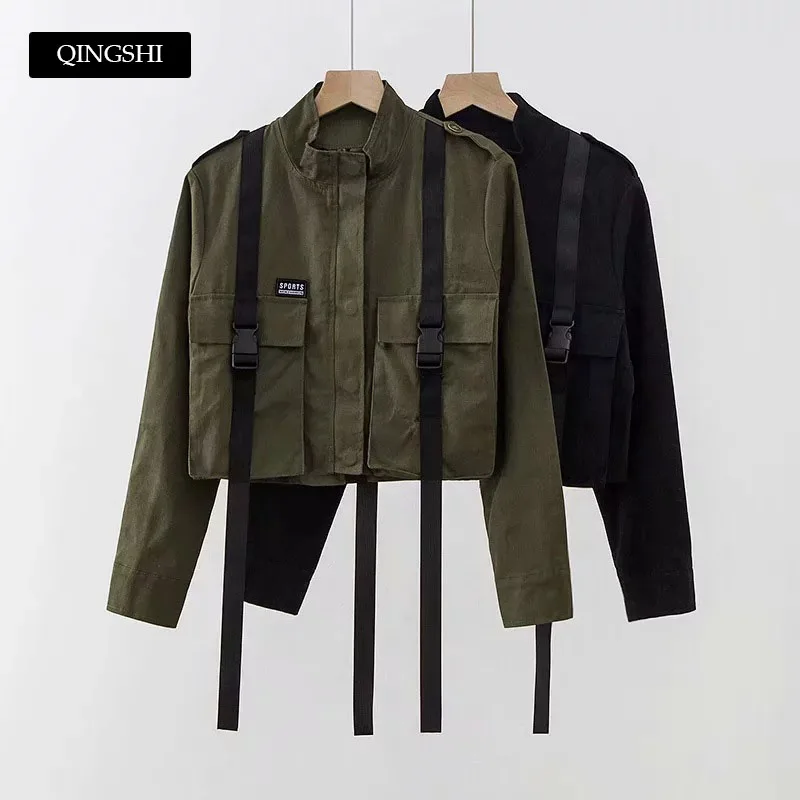 

New Spring Womens Belts Bomber Jacket Long Sleeved Pocket Cargo Jacket Coat Motocycle Biker Jacket Outwear Military Jacket 2019