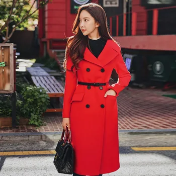 

Dabuwawa Women Red Long Coat New Turn-down Collar Double Breasted Sash Jacket Slim Long Wool Red Coat D18DLN022