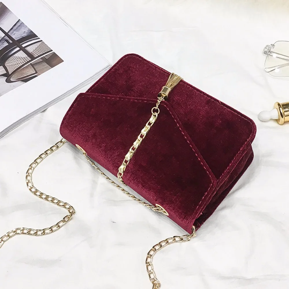 Retro Velvet Crossbody Bag Autumn Winter Gold Messenger Bags Women Elegant Long Chain Shoulder Bag Female