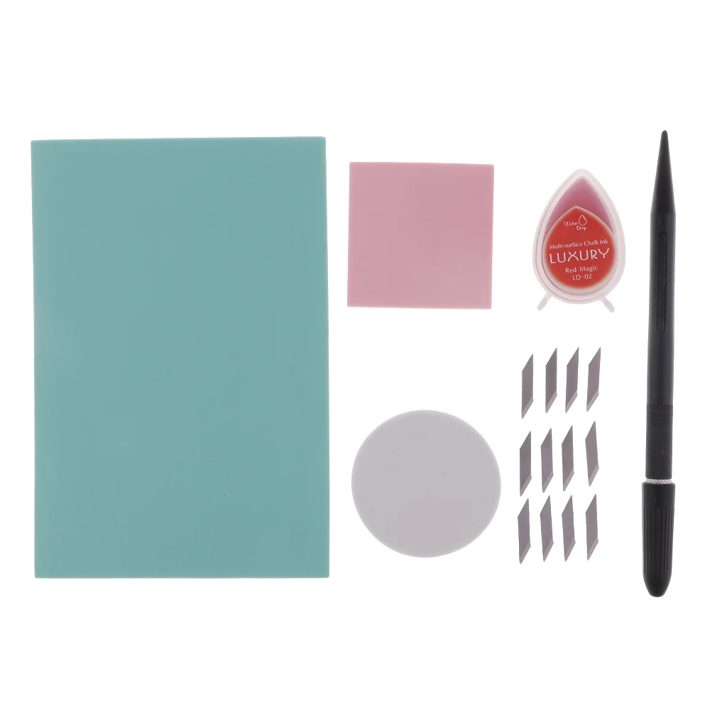 6pcs/set DIY Rubber Stamp Carving Block Kit with Carving Cutter Blades Ink Pad Art Tools for DIY Crafts Scrapbook Card Making