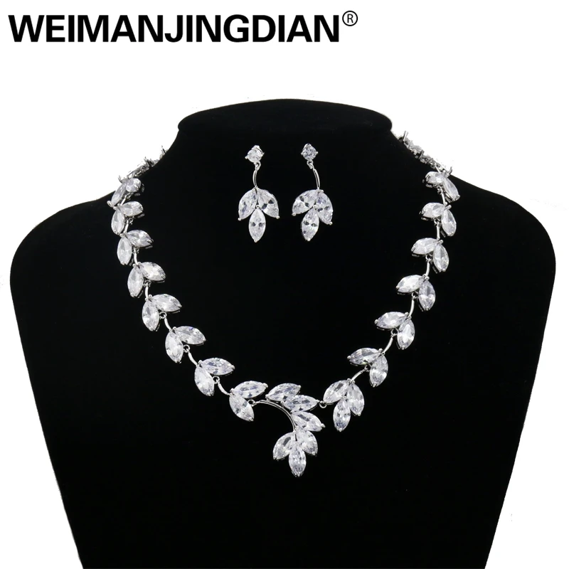 

Big Leaf Design Cubic Zirconia Crystal Necklace & Earring Wedding Bridal CZ Zircon Jewelry Sets in Silver Color Plated