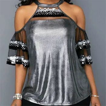 

Summer Cool Female Women Halter Neck Cold Shoulder Short Sleeve Casual Blouse Tops Bling Sequins Silver Mesh Patchwork Shirts