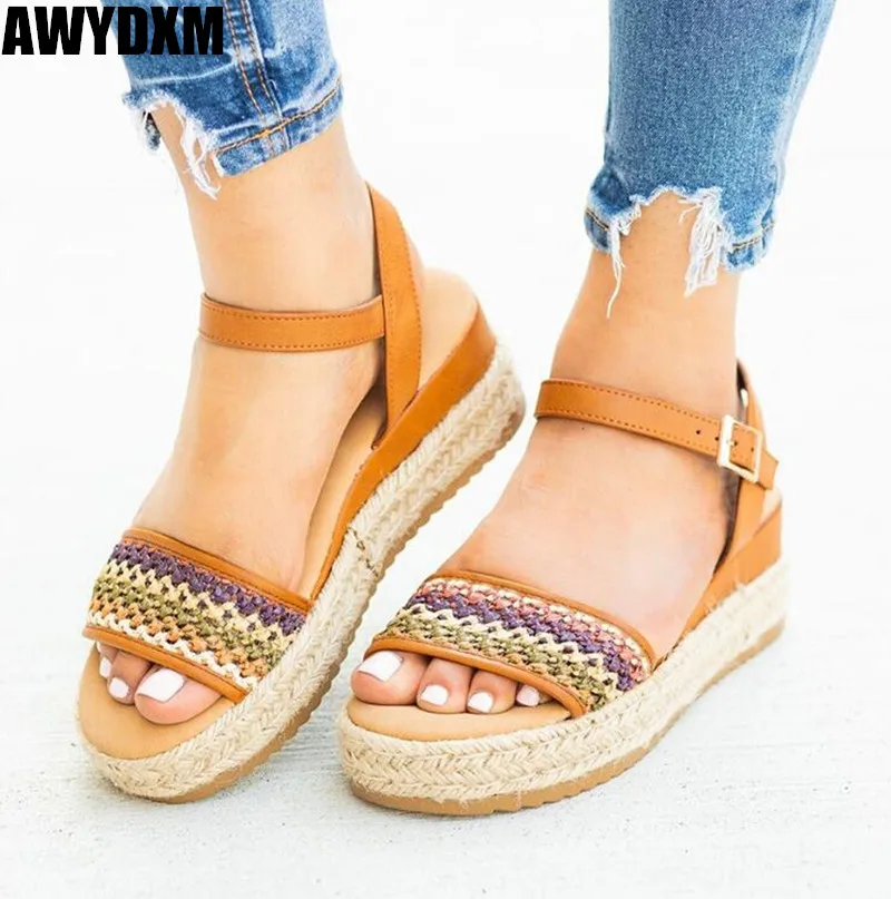 

Women sandals summer open toe Hollow casual shoe ladies hemp rope Weaving platform sandals outdoor Ankle buckle woman shoes S162