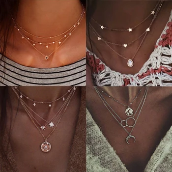 

Bohemian Gold Color Multi layer Choker Necklace 2019 for Women Short Crystal Stars Necklaces & Pendant Fashion Ocean Jewelry