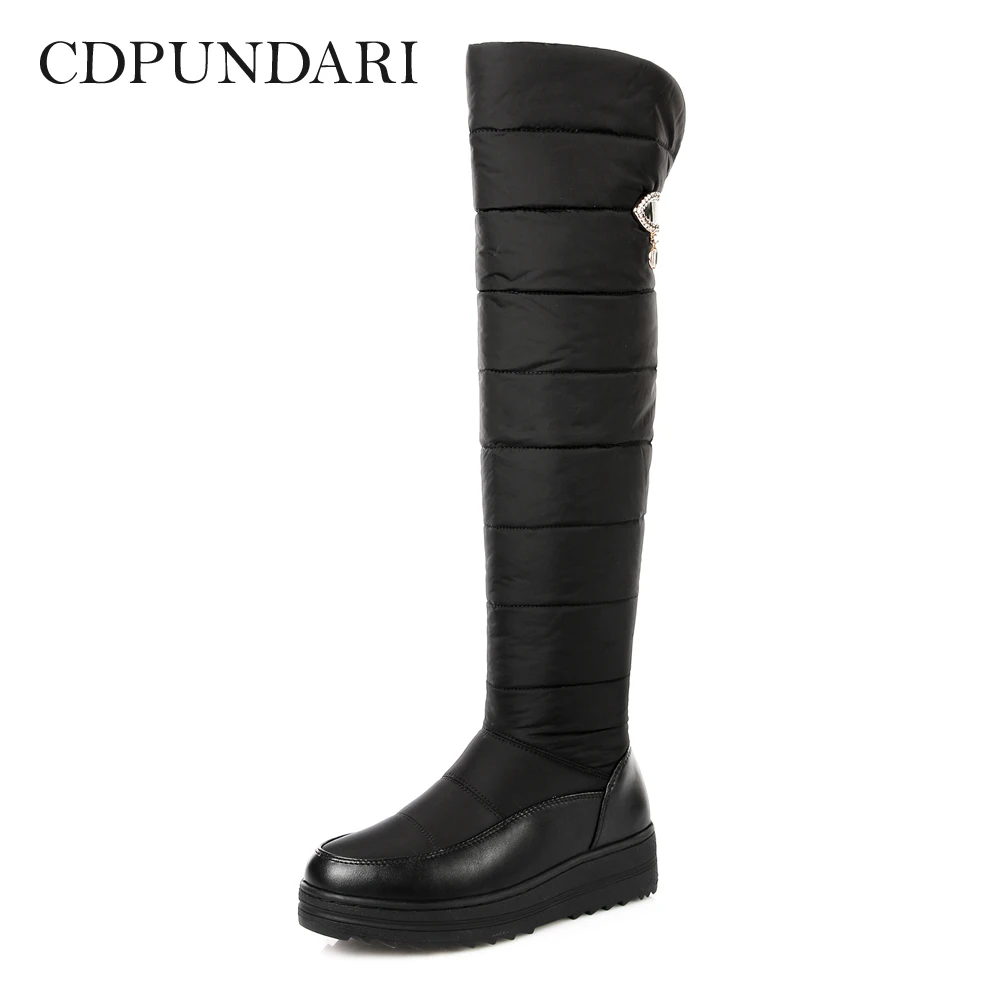 Goede CDPUNDARI Down Winter Snowboots Vrouwen Over de Knie Laarzen Dames dij hoge laars platte platform laarzen Zwart Blauw