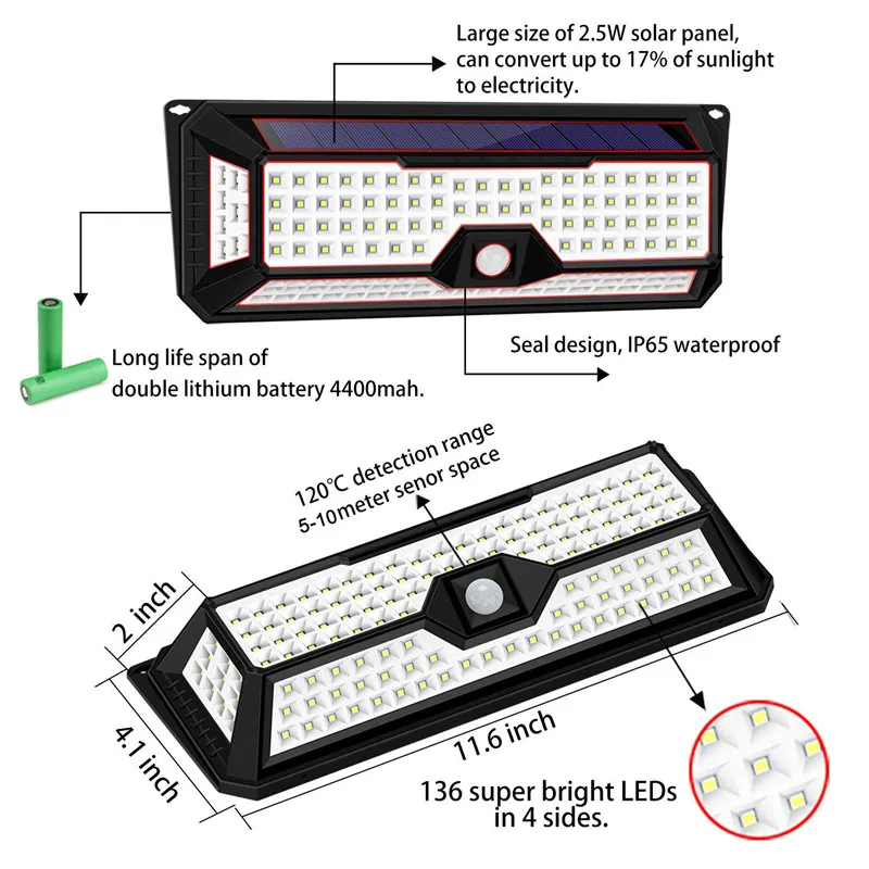 Smuxi 136 светодиодный настенный светильник на солнечной батарее с датчиком движения, настенный светильник с 3 режимами и регулируемой яркостью, уличный садовый светильник, водонепроницаемый IP65