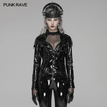 

PUNK RAVE Women's Punk Bright PU Leather Short Jacket Club Wear Handsome Personality Motorcycle Women Punk Jacket Coat