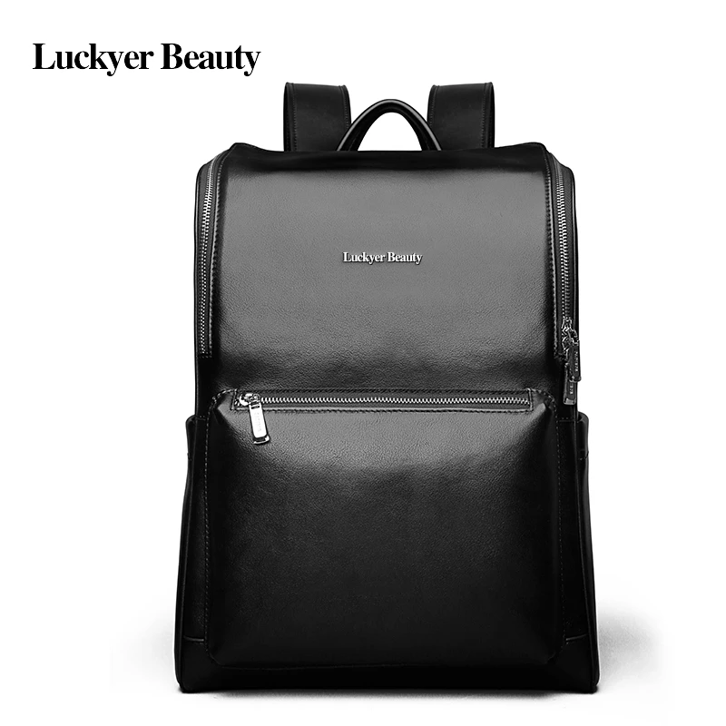 

LUCKYER BEAUTY Luxury Unisex Backpack Top Genuine Cow Leather Laptop Bag Famous Fashion Student Backpack Casual Travel Daypack