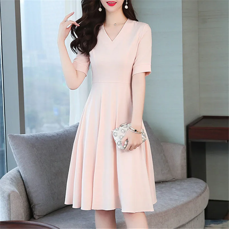 

Korea New Pink Beach Dress Women 2019 Summer Sexy Slim V-Neck Short Sleeve Business Work Ladies Party Dresses Vestidos Robe 100